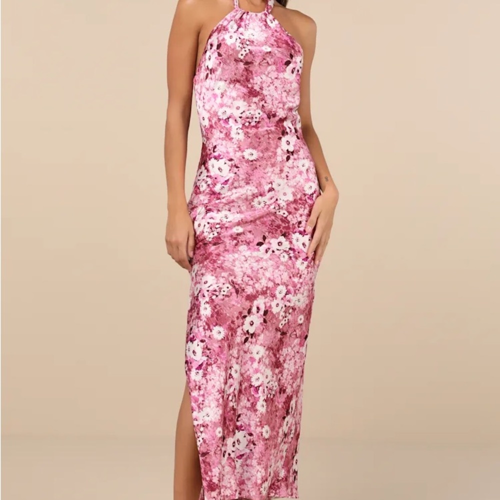Lulus Glowing Presence Mauve Floral Satin Halter Maxi Dress